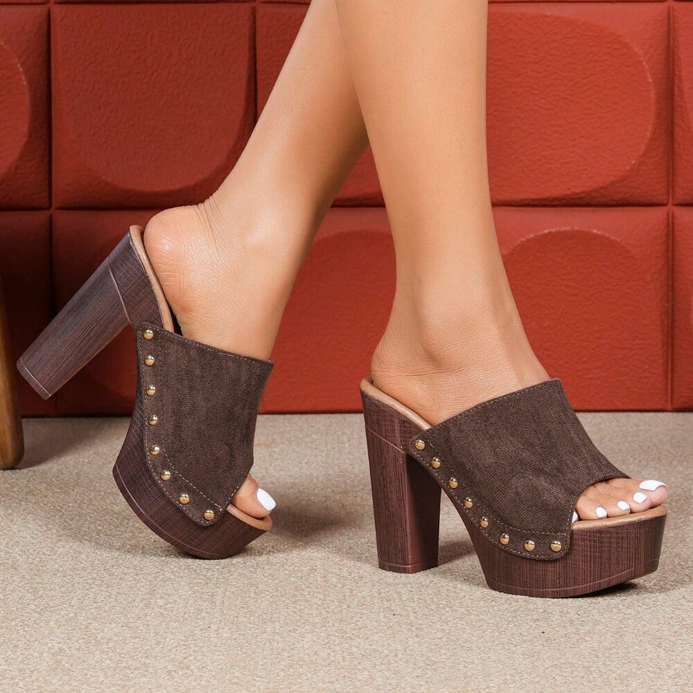 Dark Brown Women's chunky platform High Heel Sandals - Picture 3 of 9
